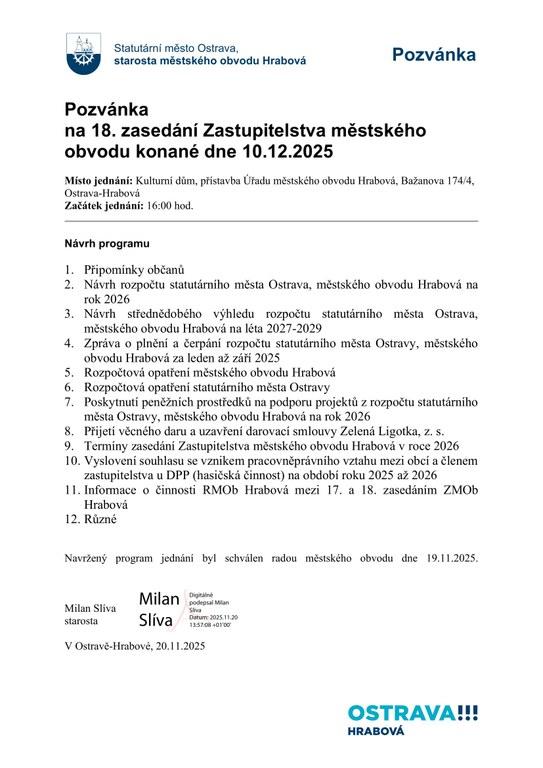 18. ZASEDÁNÍ ZASTUPITELSTVA MĚSTSKÉHO OBVODU HRABOVÁ