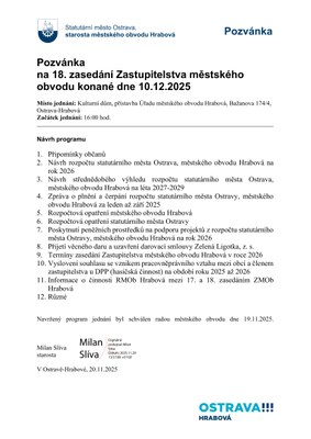 18. ZASEDÁNÍ ZASTUPITELSTVA MĚSTSKÉHO OBVODU HRABOVÁ