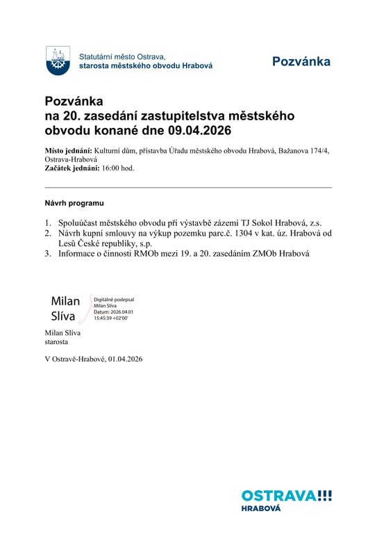 20. ZASEDÁNÍ ZASTUPITELSTVA PROBĚHNE MIMOŘÁDNĚ 9. DUBNA 2026