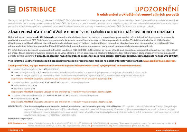 ČEZ Distribuce , a. s. upozorňuje na nutnou údržbu porostů 