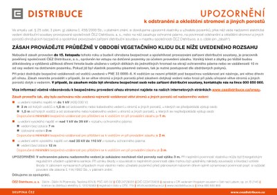 ČEZ Distribuce , a. s. upozorňuje na nutnou údržbu porostů 