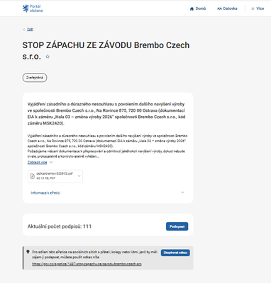 PETICE – STOP ZÁPACHU ZE ZÁVODU Brembo Czech s.r.o.