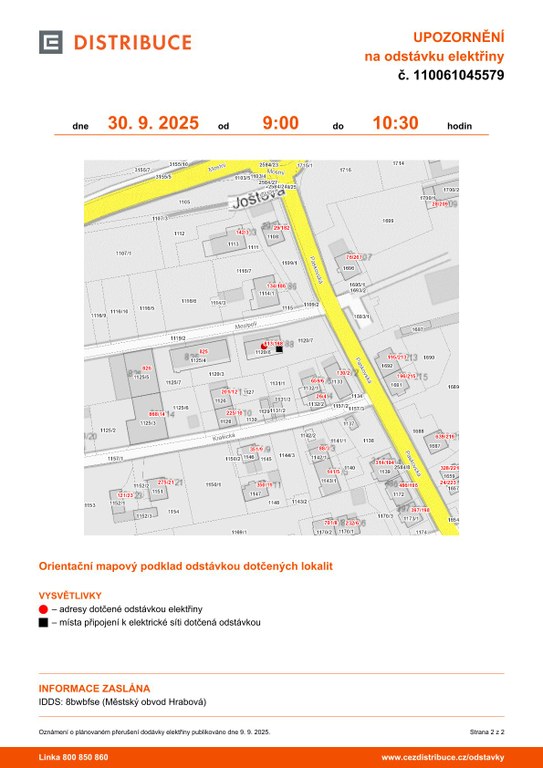 PLÁNOVANÁ ODSTÁVKA ELEKTŘINY – 30. ZÁŘÍ 2025
