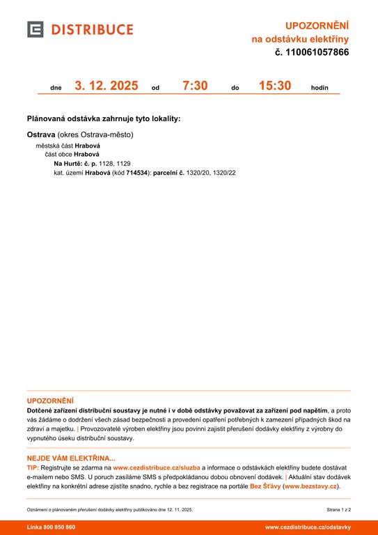 PLÁNOVANÁ ODSTÁVKA ELEKTŘINY 3. 12. 2025 