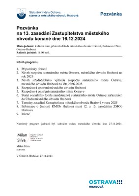 POZVÁNKA NA 13. ZASEDÁNÍ ZASTUPITELSTVA 