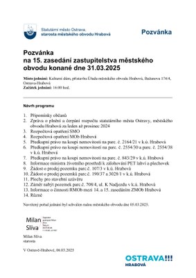 POZVÁNKA NA JEDNÁNÍ ZASTUPITELSTVA 31. BŘEZNA 2025