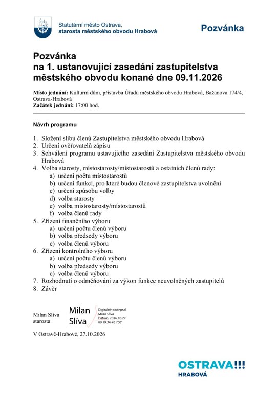 Pozvánka na ustanovující zasedání zastupitelstva 