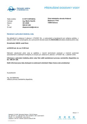 PŘERUŠENÍ DODÁVKY VODY DNE 8. DUBNA 2026