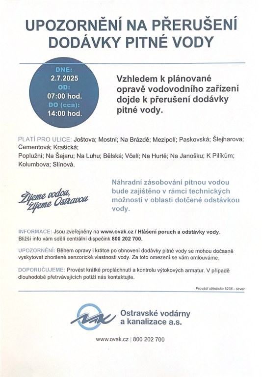 UPOZORNĚNÍ NA PŘERUŠENÍ DODÁVKY PITNÉ VODY