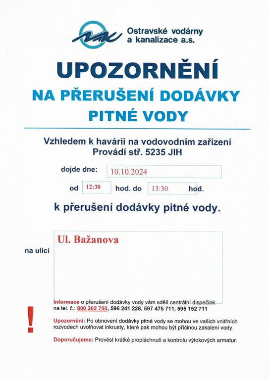 UPOZORNĚNÍ NA PŘERUŠENÍ DODÁVKY PITNÉ VODY - ULICE BAŽANOVA