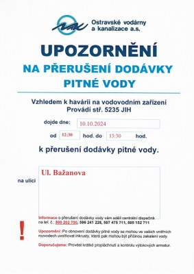 UPOZORNĚNÍ NA PŘERUŠENÍ DODÁVKY PITNÉ VODY - ULICE BAŽANOVA