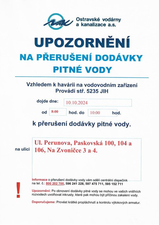 UPOZORNĚNÍ NA PŘERUŠENÍ DODÁVKY VODY - ULICE PERUNOVA, PASKOVSKÁ, NA ZVONIČCE