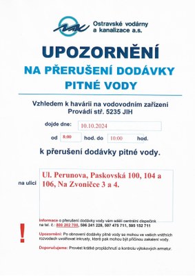 UPOZORNĚNÍ NA PŘERUŠENÍ DODÁVKY VODY - ULICE PERUNOVA, PASKOVSKÁ, NA ZVONIČCE