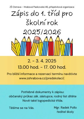 ZÁPIS DO PRVNÍCH TŘÍD PRO ŠKOLNÍ ROK 2025-2026